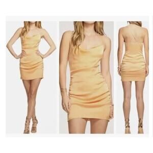 Ramy Brook Kiki Cowl-Neck Ruched Satin Mini Dress Peach criss cross back Sz 8